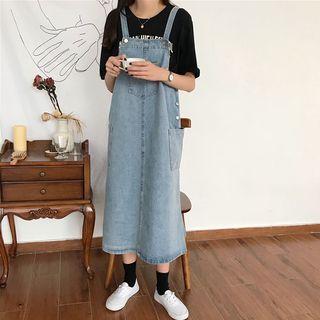 Denim Midi Pinafore Dress Denim Blue - One Size