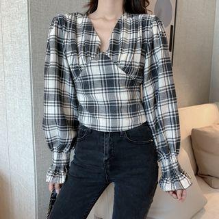 Long-sleeve V-neck Ruffled Check Blouse