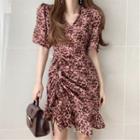 Short-sleeve V-neck Drawstring Floral Printed Dress