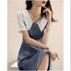 Short-sleeve Collar Denim Panel Midi A-line Dress