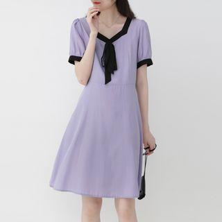 Ribbon Puff-sleeve A-line Dress