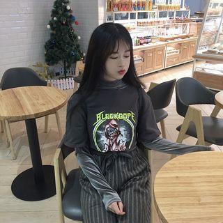 Set: Short-sleeve Printed T-shirt + Long-sleeve Velvet Top