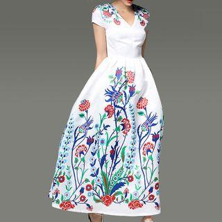 Print Cap-sleeve A-line Evening Gown