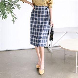 Band-waist Wrap-front Plaid Long Skirt