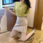 Set: Short-sleeve Printed T-shirt + Patterned A-line Mini Skirt
