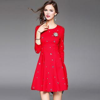 3/4-sleeve Embellished Long-sleeve Dress