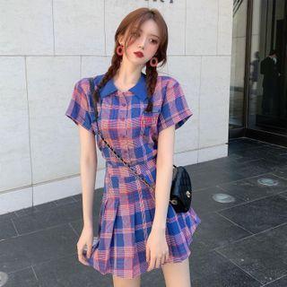 Plaid Short-sleeved Embroider Shirt / High Waist Skirt