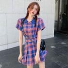 Plaid Short-sleeved Embroider Shirt / High Waist Skirt