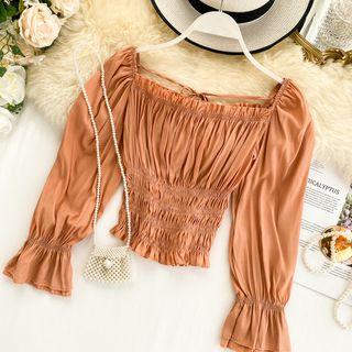 Long-sleeve Square-neck Smocked Top