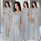 Puff-sleeve Beaded Lace-up Maxi A-line Dress (various Designs)