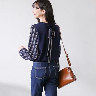 Stripe-sleeve Knit Top With Tie