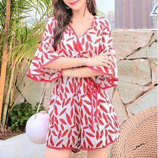 Leaf Print Flared-sleeve Playsuit