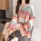 Striped Ripped Rolled Knit Shirt Rainbow - One Size