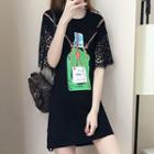 Printed Lace Panel Elbow Sleeve T-shirt Dress