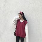 Long-sleeve Slit Back T-shirt / V-neck Vest