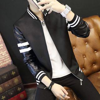 Striped Faux Leather Sleeves Baseball Jacket