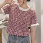 Short-sleeve Printed Knit Top Red - One Size