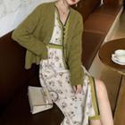 Camisole / Flower Print Long-sleeve Midi Shift Dress / Cable-knit Cardigan / Set