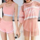 Set: Sleeveless Cropped Swim Top + Bottom + 3/4-sleeve Fishnet Top
