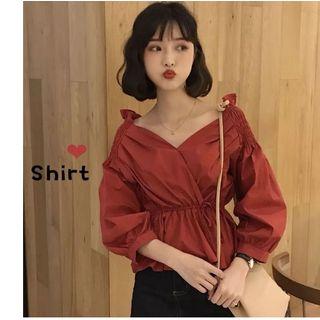 Plain V-neck Puff-sleeve Peplum Top