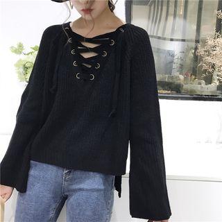 Flare-sleeve Lace-up Plain Sweater