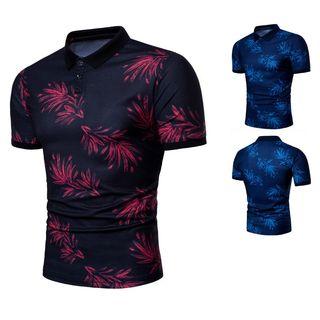 Leaf Print Short Sleeve Polo Shirt