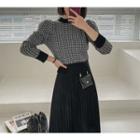 Set: Puff-sleeve Knit Top + Long Pleated Skirt With Pouch Black - One Size