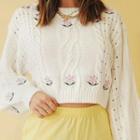 Flower Embroidered Pointelle Knit Cropped Sweater