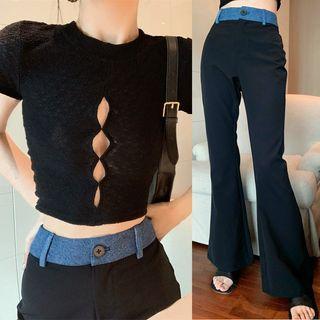 Short-sleeve Cutout Cropped Top / High-waist Flared Pants