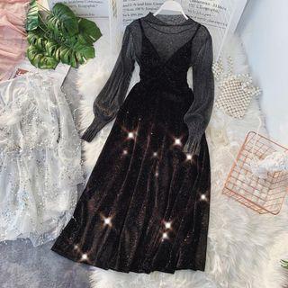 Set: Long-sleeve Sheer Top + Spaghetti Strap Velvet Maxi Dress Black - One Size