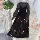 Set: Long-sleeve Sheer Top + Spaghetti Strap Velvet Maxi Dress Black - One Size