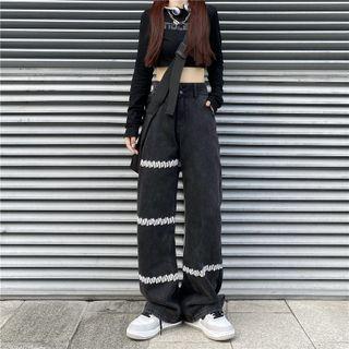 Asymmetrical Print Wide Leg Jeans