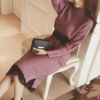 Mock Neck Midi Sweater Dress / Lace Skirt / Set