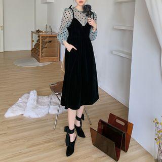 Dotted Blouse / Spaghetti Strap Midi A-line Dress