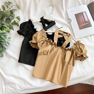 Puff-sleeve Shirred Crop Blouse