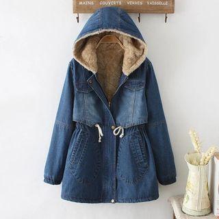 Fleece-lined Drawstring Hooded Denim Jacket