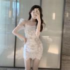 Long-sleeve Mesh Panel Lace Mini Sheath Dress White - One Size