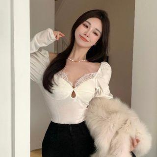 Long-sleeve Lace Panel Cutout Crop Top White - One Size
