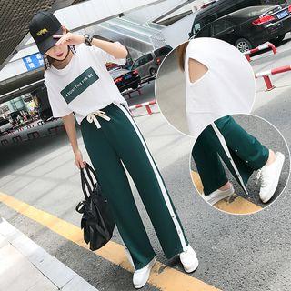 Set: Lettering Short Sleeve T-shirt + Contrast Trim Drawstring Pants