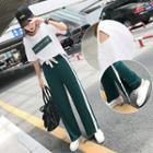 Set: Lettering Short Sleeve T-shirt + Contrast Trim Drawstring Pants