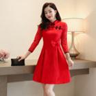 3/4-sleeve Mandarin Collar Lace Mini A-line Dress