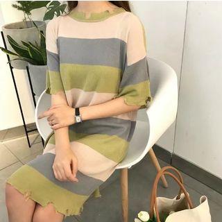 Striped Elbow-sleeve Distressed Knit Dress