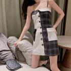 Spaghetti Strap Pattern Paneled Buttoned A-line Mini Dress 8675 - Paneled - Black & White - One Size