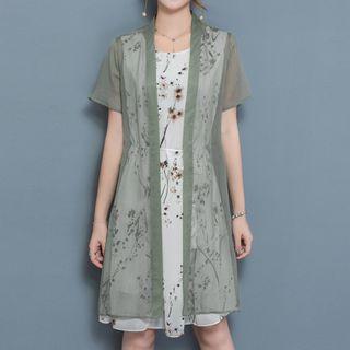 Set: Plain Short-sleeve Chiffon Light Jacket + Printed Sleeveless A-line Dress