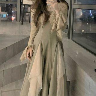 Mock Two-piece Long-sleeve Off-shoulder Midi A-line Dress