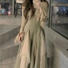 Mock Two-piece Long-sleeve Off-shoulder Midi A-line Dress