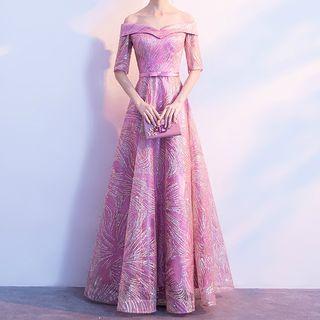 Off-shoulder Short-sleeve A-line Evening Gown