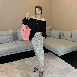 Off-shoulder Blouse / Sequin Midi Pencil Skirt