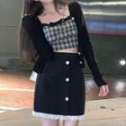 Plain Cardigan / Plaid Camisole Top / Mini Skirt