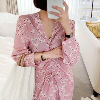 V-neck Shirred-detail Floral Print Dress